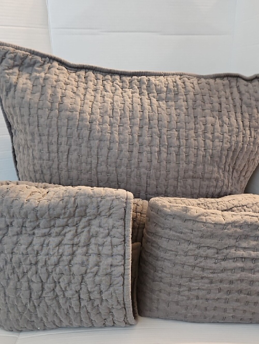 Pottery Barn Stylish Gray Quilted Cotton-Linen 3 Euro Pillow Shams